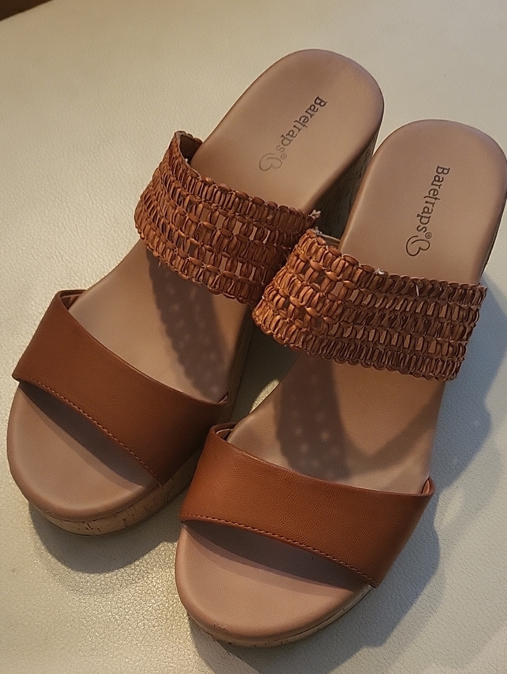 BareTraps Tan Woven Double-Strap Slide Sandals